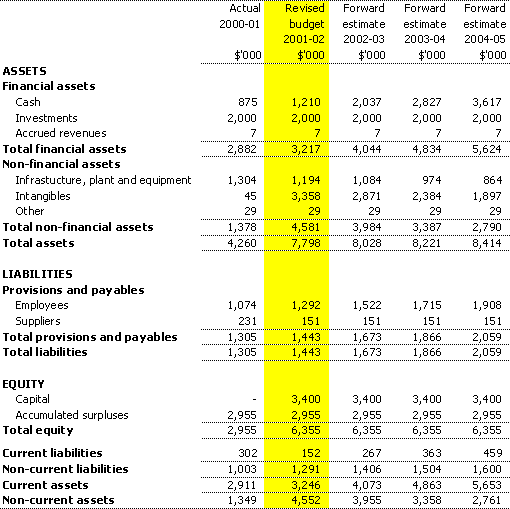 Table 3.2:  Budgeted agency statement of financial position as at 30 June 2002