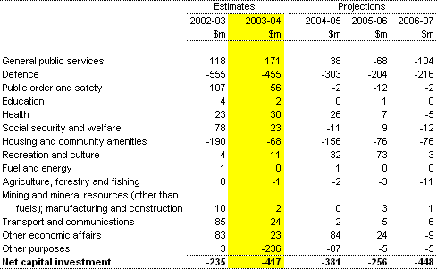 Table 20:  Estimates of net capital investment by function
