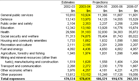 Table 3:  Estimates of expenses by function