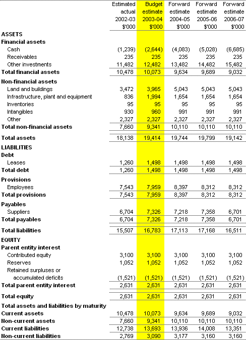 Table 3.2:  Budgeted Agency Statement of Financial Position - as at 30 June