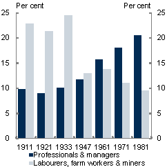 The share of employment in professions and managerial positions have increased over time - from around 10 per cent in 1911 to around 20 per cent in 1981. Occupations that are typically more intensive in manual labour have declined as a share of employment over time.