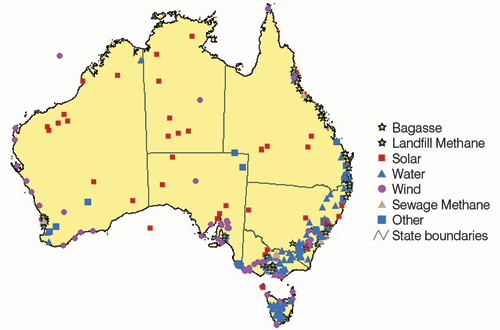 Photo: A map - Operating renewable energy power stations in Australia