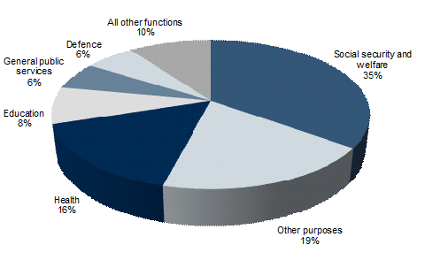 This chart shows the percentage of government expenses directed to specific functions in 2012-13. Roughly one-third of government expenses relate to social security and welfare. Other significant expense areas include General revenue assistance to the States and Territories (primarily Goods and Services Tax payments in the other purposes function) and expenses for health and education.