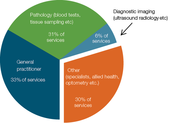 Patient contributions will apply to 70 per cent of Medicare services. Services requiring patient contributions will comprise of 31% pathology (blood tests, tissue sampling etc), 6% diagnostic imaging (ultrasound, radiology etc), and 33% general practitioner services.