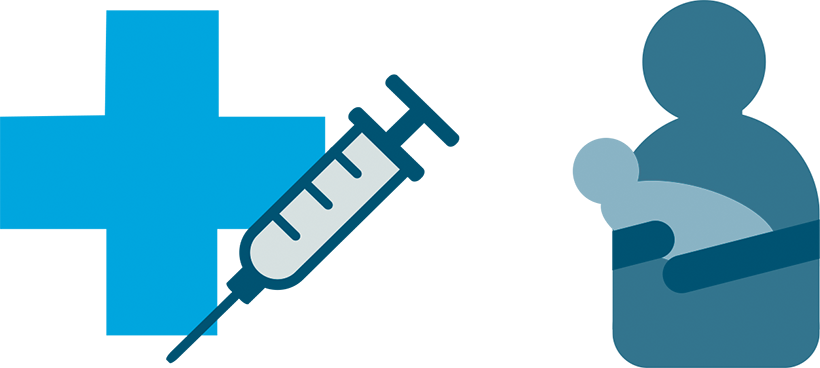 This infographic shows a medical cross and immunisation needle. Separately, this infographic shows and a nanny with a child.