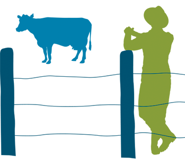 This picture shows a farmer leaning on a fence with a cow in the background.