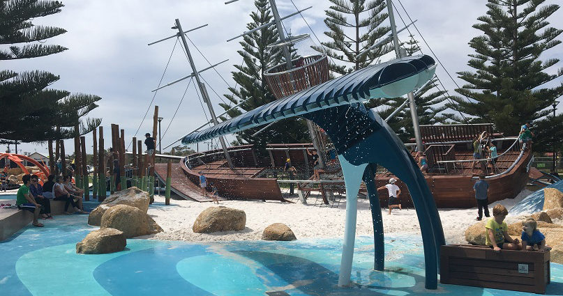 A photograph shows the nautical-themed adventure playground at the Busselton Jetty foreshore precinct.