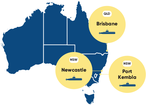 Preferred locations across Australia are: Brisbane, QLD; Newcastle NSW; Port Kembla NSW